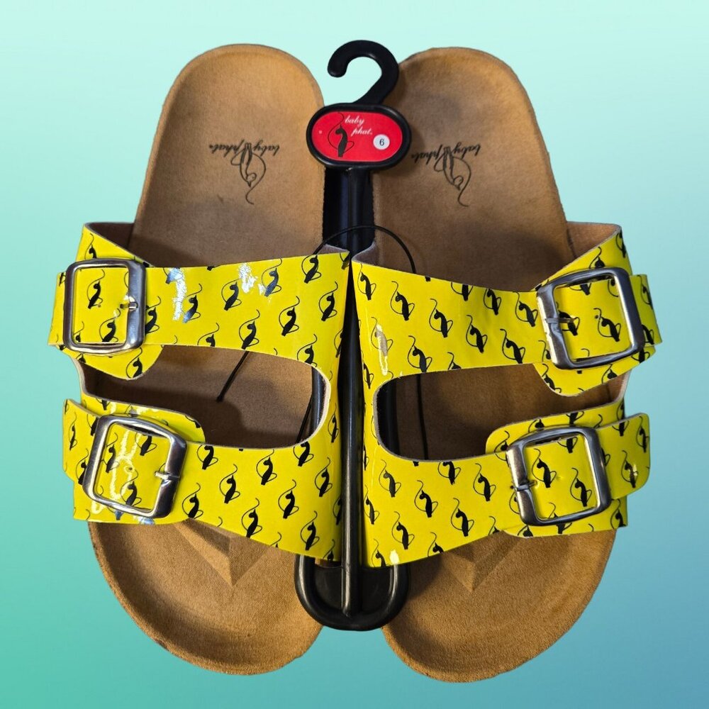 Y2K Baby Phat Yellow Flat Slides Sandles Buckles Womens US 6 Cat Logo